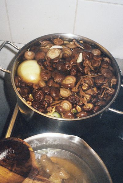 Sinead McInerney's mushroom-and-herb broth simmering in the RIPE Lisbon kitchen — whole shiitake, garlic and onion in the pot